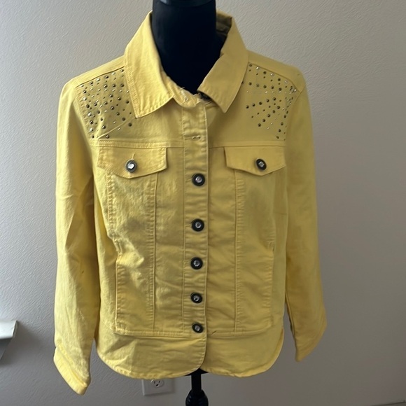 Christopher &‎  Banks yellow embellished jean jacket women’s Sz L - Picture 1 of 9